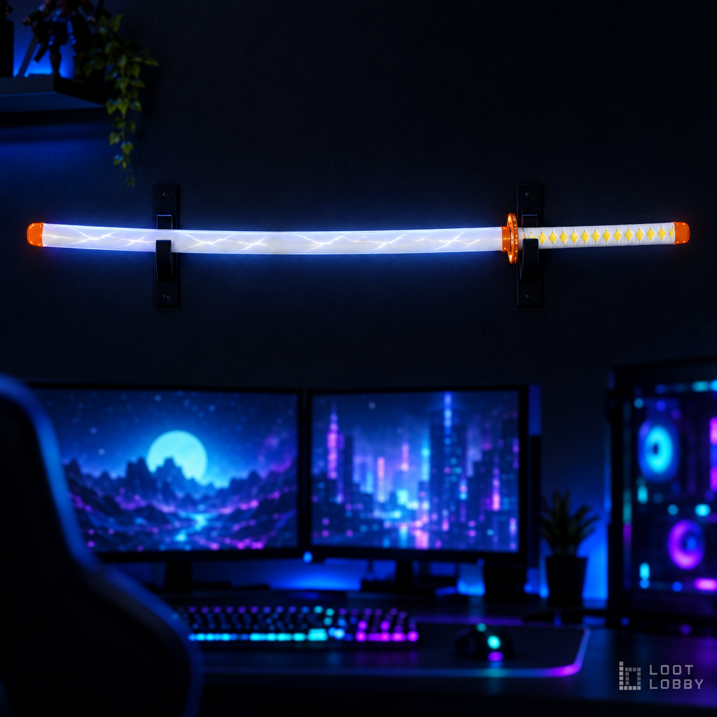 Lightning-themed LED light-up katana prop in a dark gaming setup – Loot Lobby