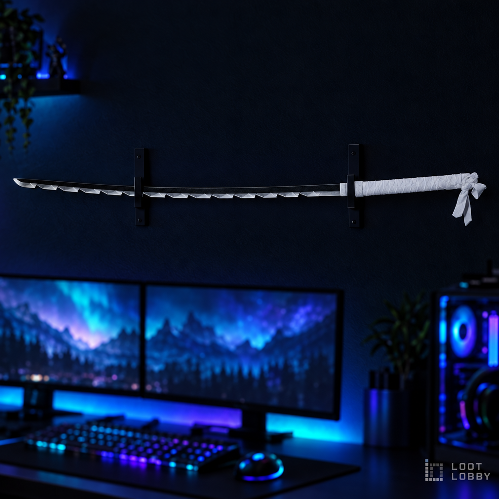 Jagged-edged display sword in a dark gaming setup – Loot Lobby