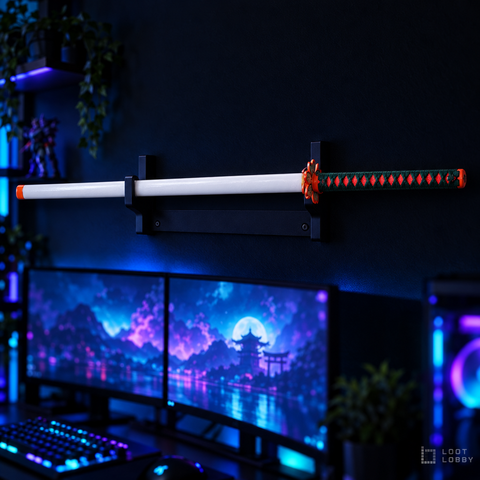 Striped-blade katana with floral guard and white saya in a dark gaming setup – Loot Lobby
