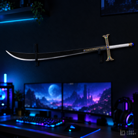 Huge black curved greatsword with wide cross guard in a dark gaming setup – Loot Lobby