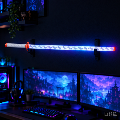 Flame-themed LED light-up katana prop in a dark gaming setup – Loot Lobby