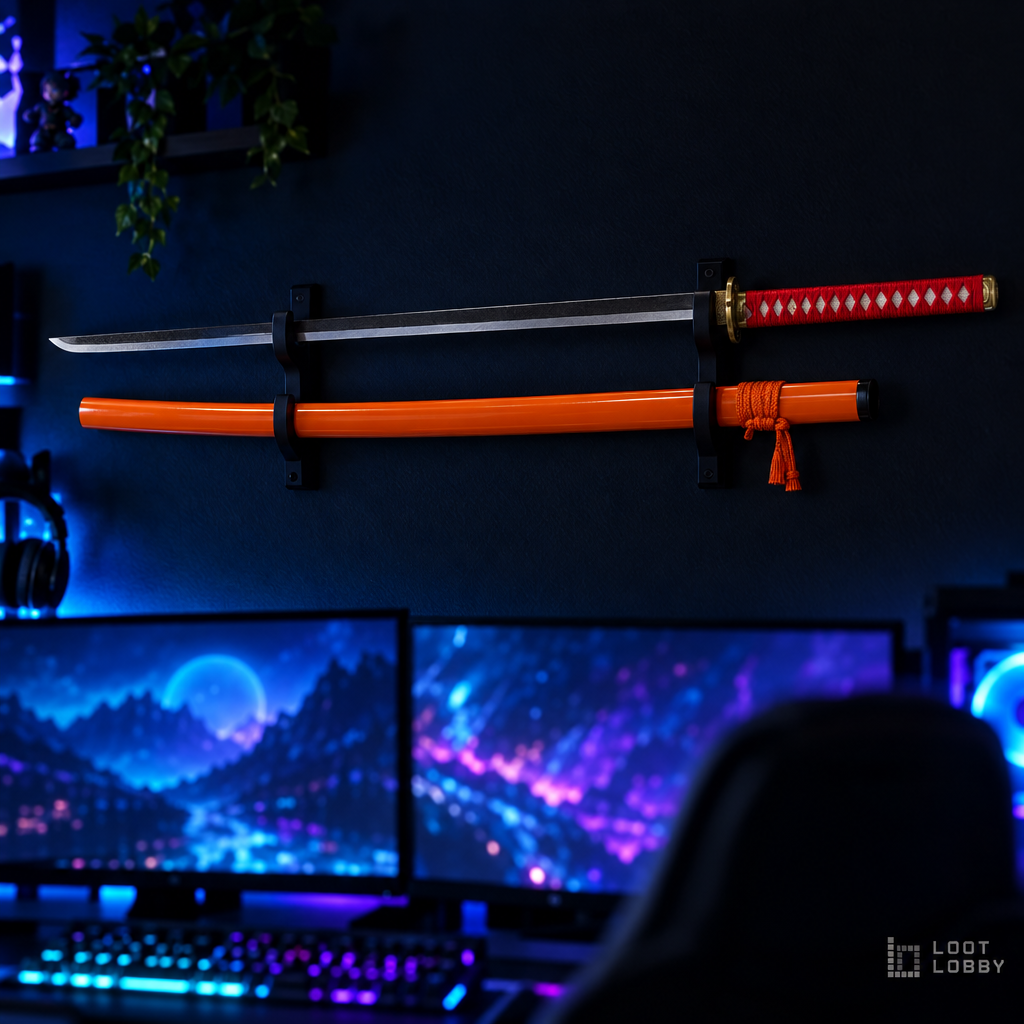 Katana with red handle and orange saya in a dark gaming setup – Loot Lobby
