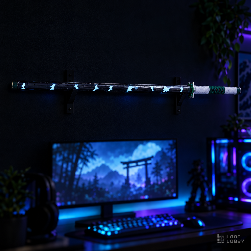 Wind-themed LED light-up katana prop in a dark gaming setup – Loot Lobby