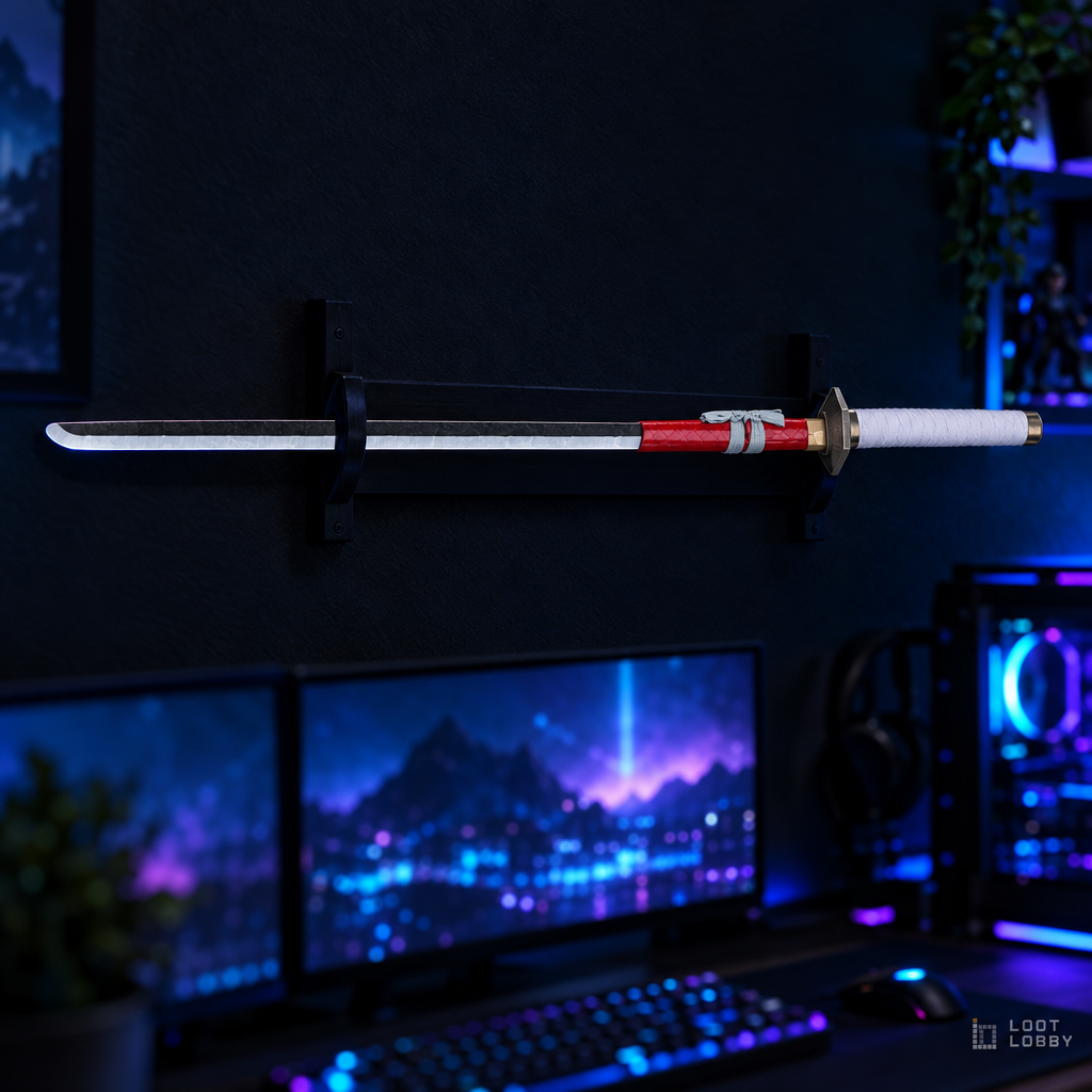 Straight-bladed chokuto with red saya in a dark gaming setup – Loot Lobby