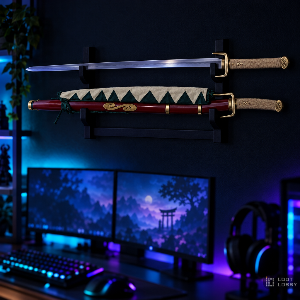 Sword with polished brass two-prong hilt in a dark gaming setup – Loot Lobby