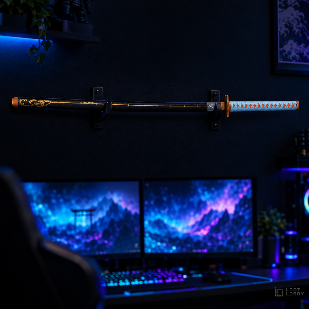 Sword with dark blade and light-blue handle wrap in a dark gaming setup – Loot Lobby