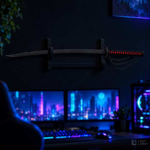 All-black katana in a dark gaming setup – Loot Lobby