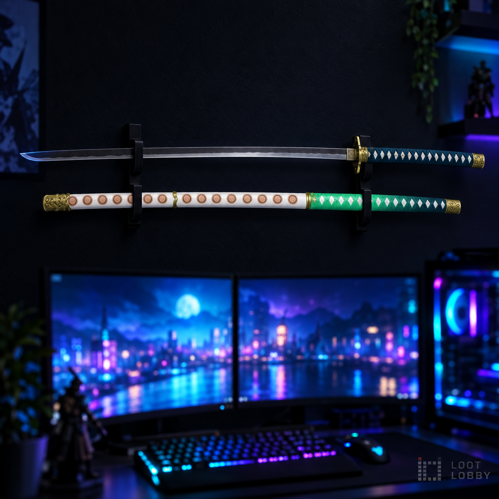 Colorful katana with brass guard and multicolor saya in a dark gaming setup – Loot Lobby