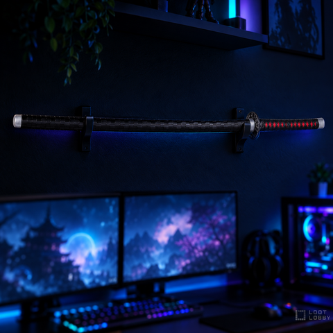 Sun-themed LED light-up katana prop in a dark gaming setup – Loot Lobby