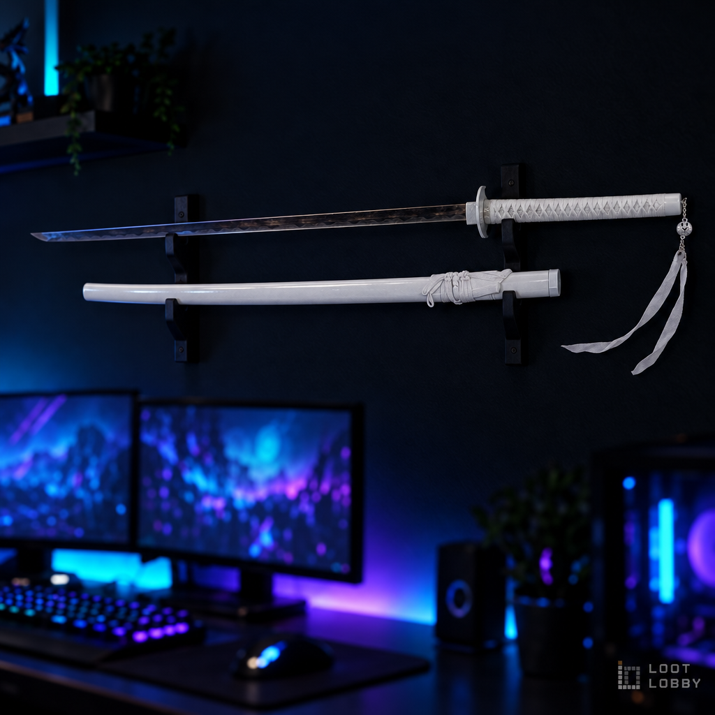 All-white katana in a dark gaming setup – Loot Lobby