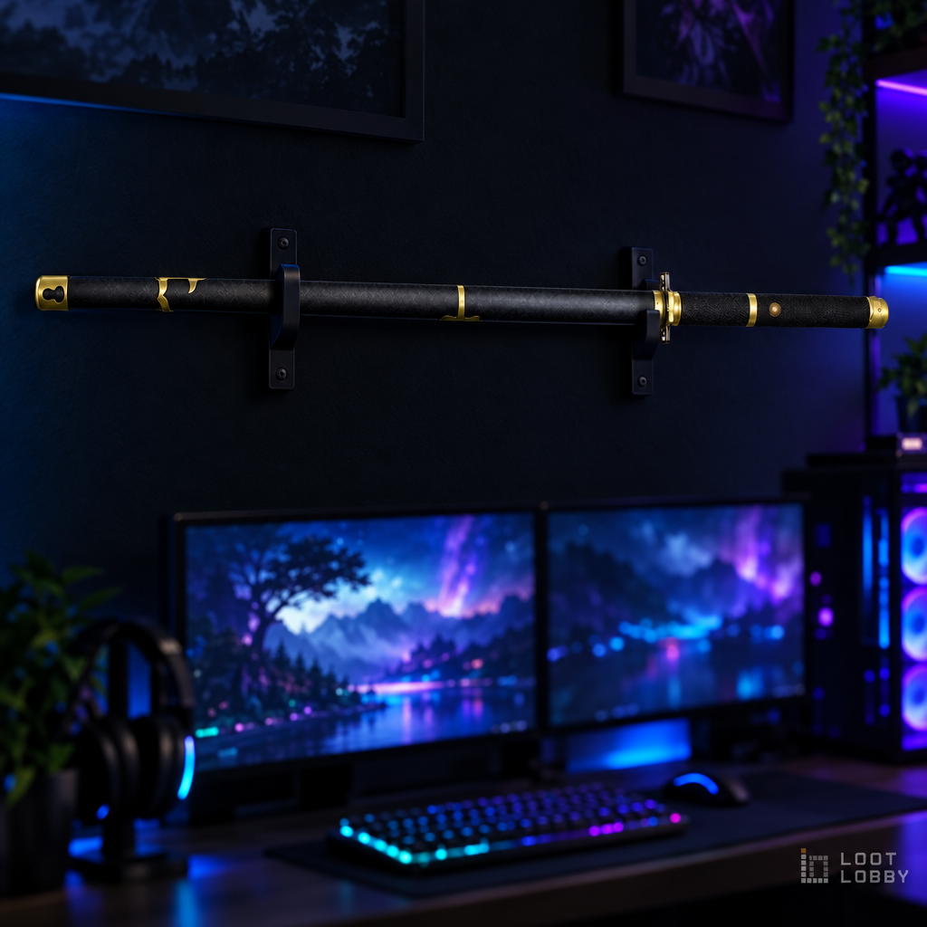 Black steel katana with metal guard in a dark gaming setup – Loot Lobby