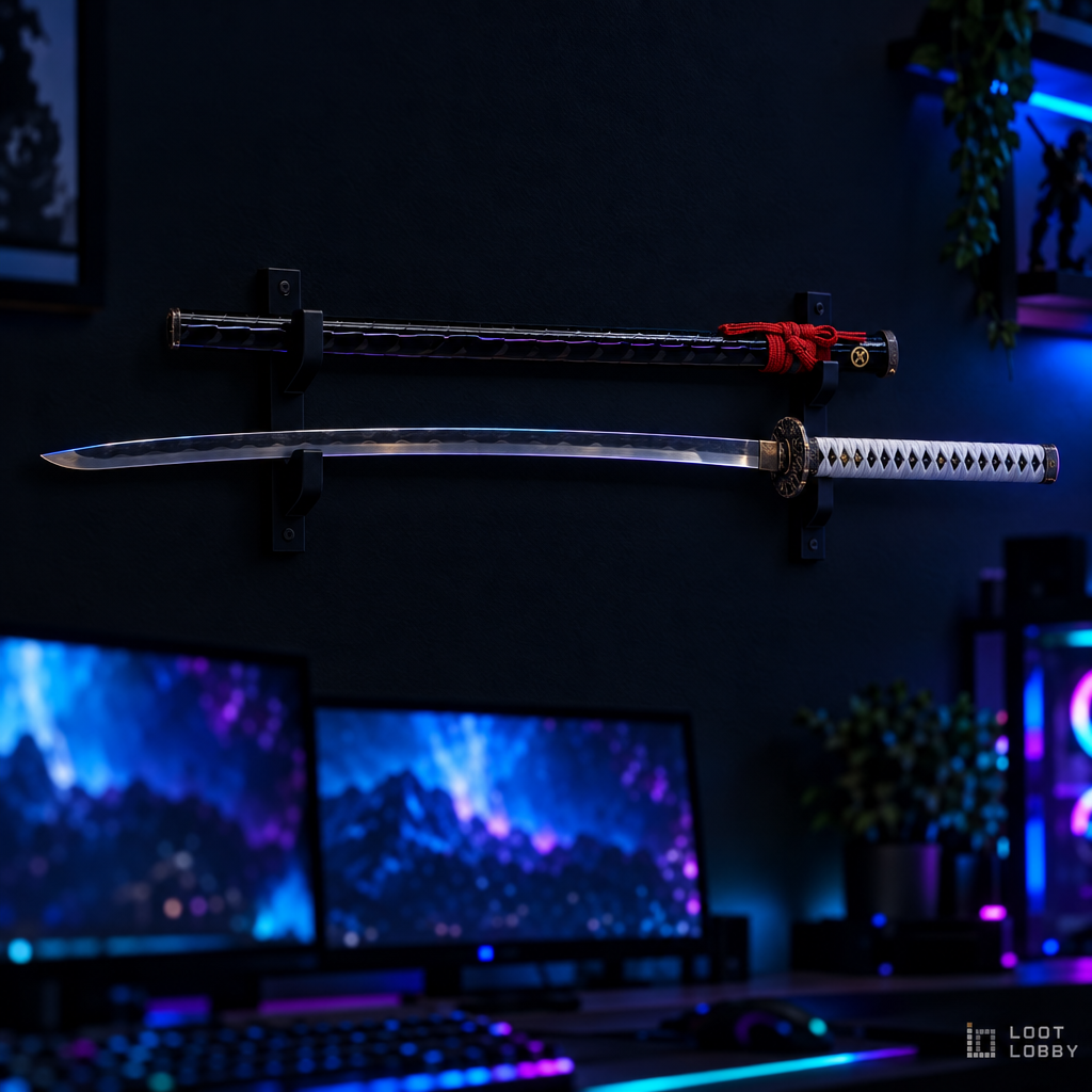 Two-tone katana with black and red saya in a dark gaming setup – Loot Lobby
