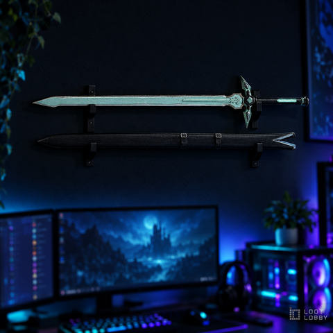 Dark one-handed sword with wooden sheath in a dark gaming setup – Loot Lobby