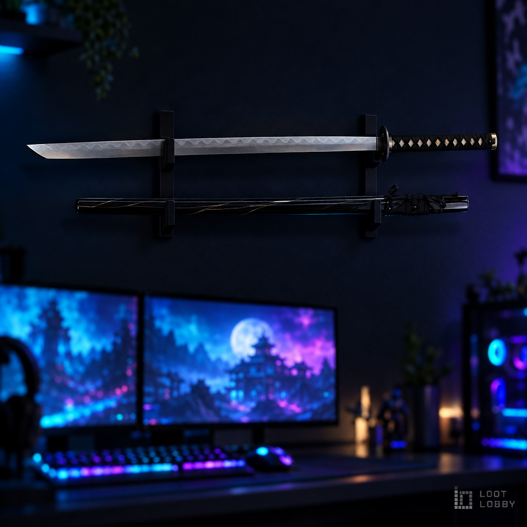 Reverse-edge katana in a dark gaming setup – Loot Lobby