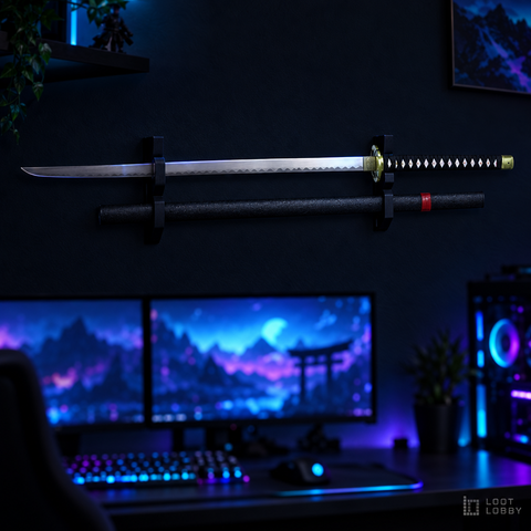 Wide broad-blade katana with black sheath in a dark gaming setup – Loot Lobby