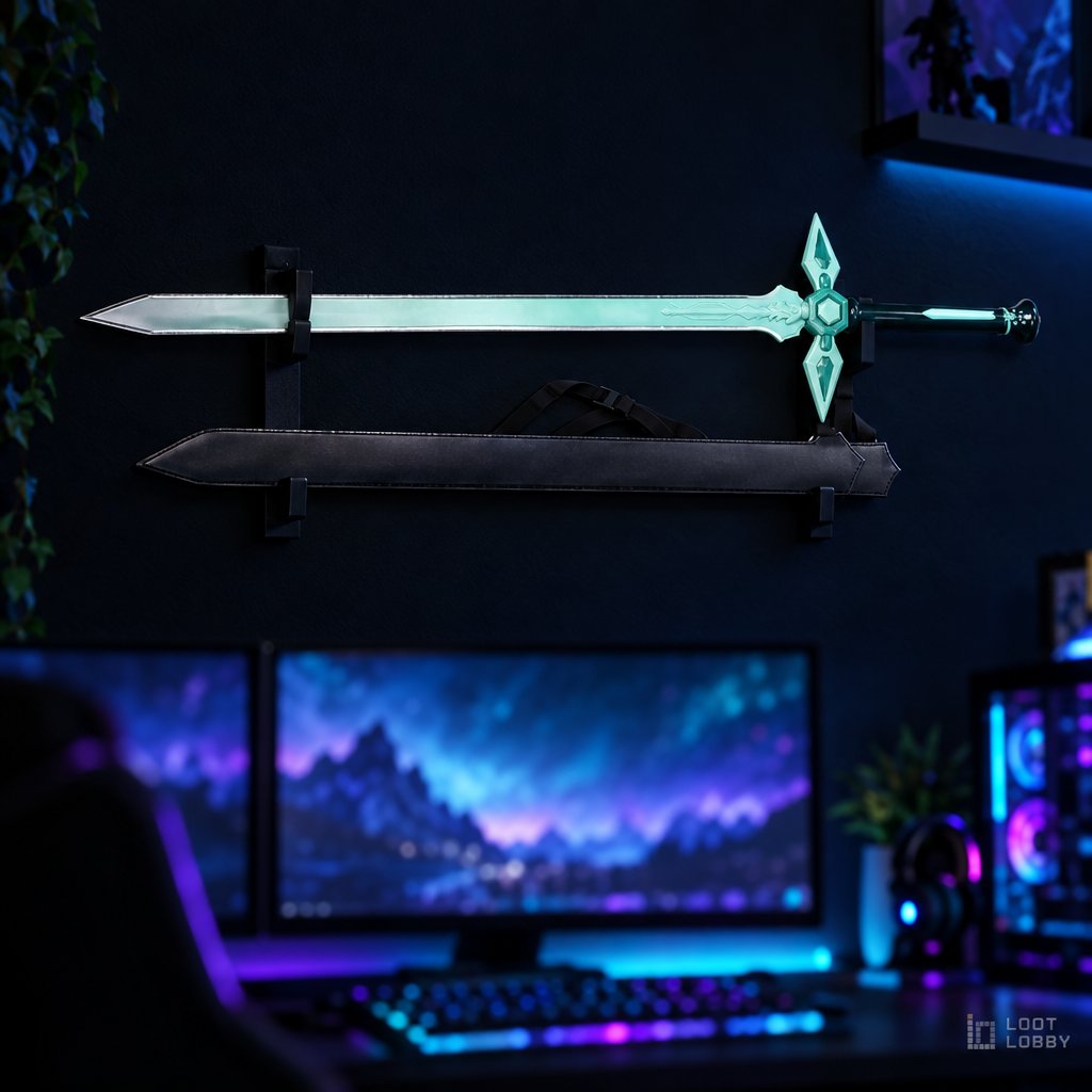 Green jade-styled longsword in a dark gaming setup – Loot Lobby