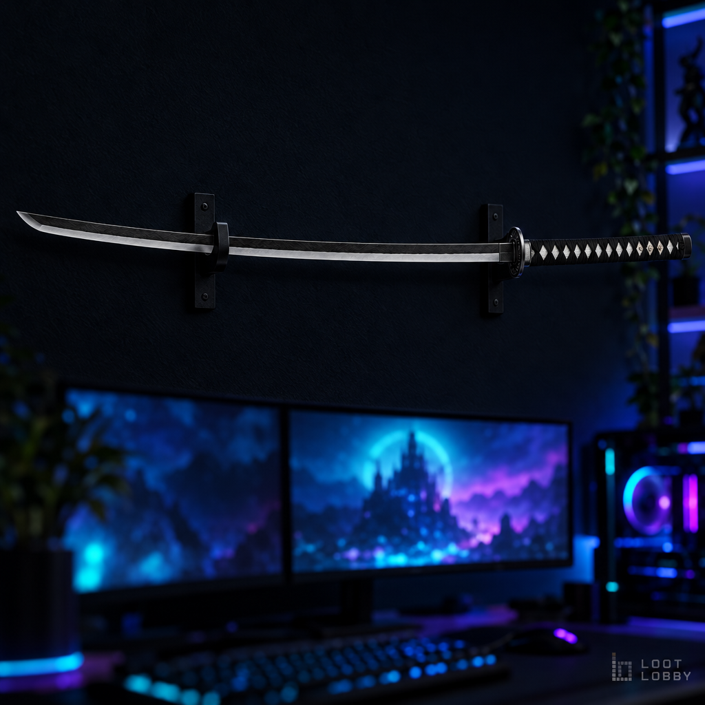 Black katana with two-tone blade and green cord in a dark gaming setup – Loot Lobby