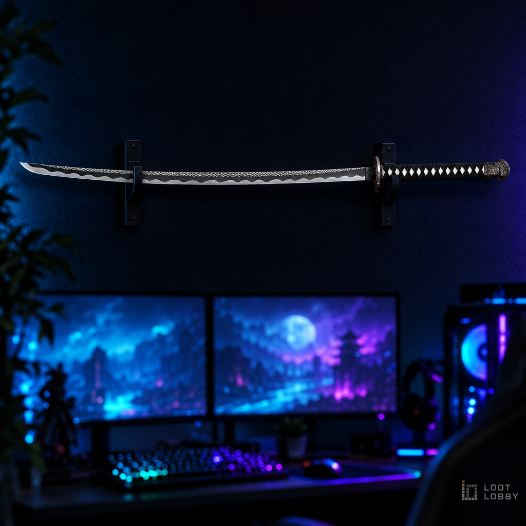 Pale moon-patterned katana in a dark gaming setup – Loot Lobby