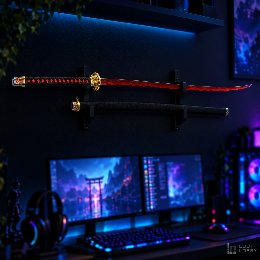 Blood-red katana with gold guard and black saya in a dark gaming setup – Loot Lobby
