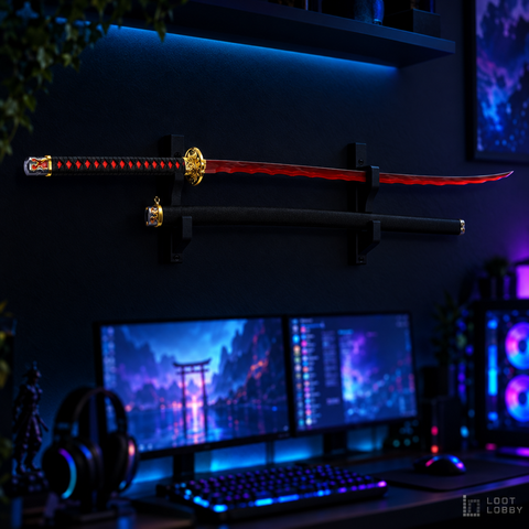 Blood-red katana with gold guard and black saya in a dark gaming setup – Loot Lobby