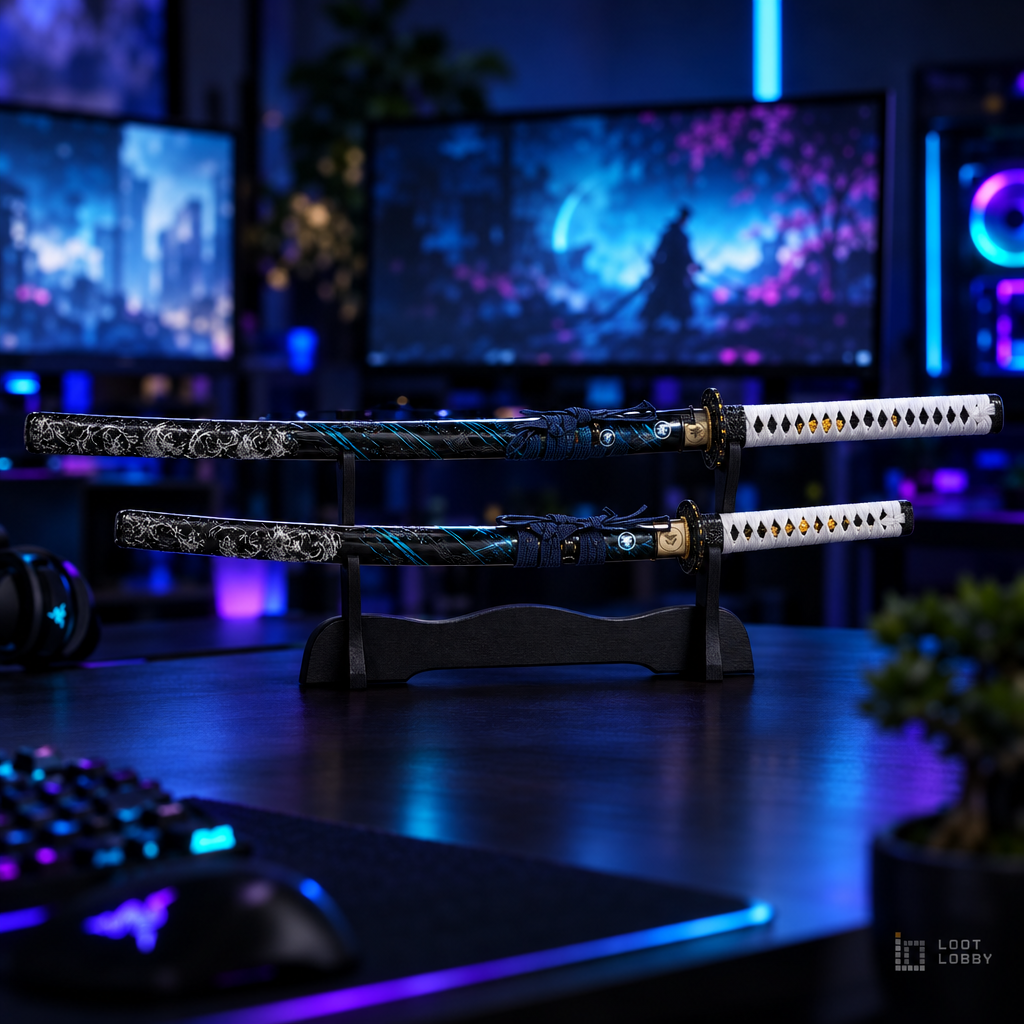 Matched katana and wakizashi set on a black wood stand in a dark gaming setup – Loot Lobby