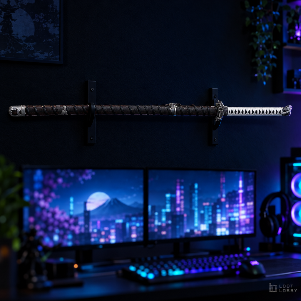 Dark two-tone odachi-style blade in a dark gaming setup – Loot Lobby