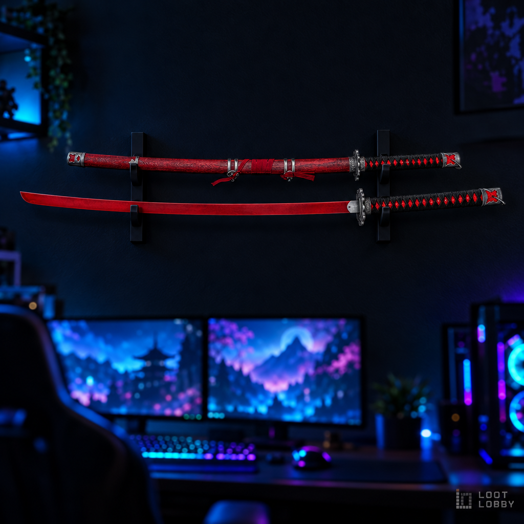 Compact red katana in a dark gaming setup – Loot Lobby