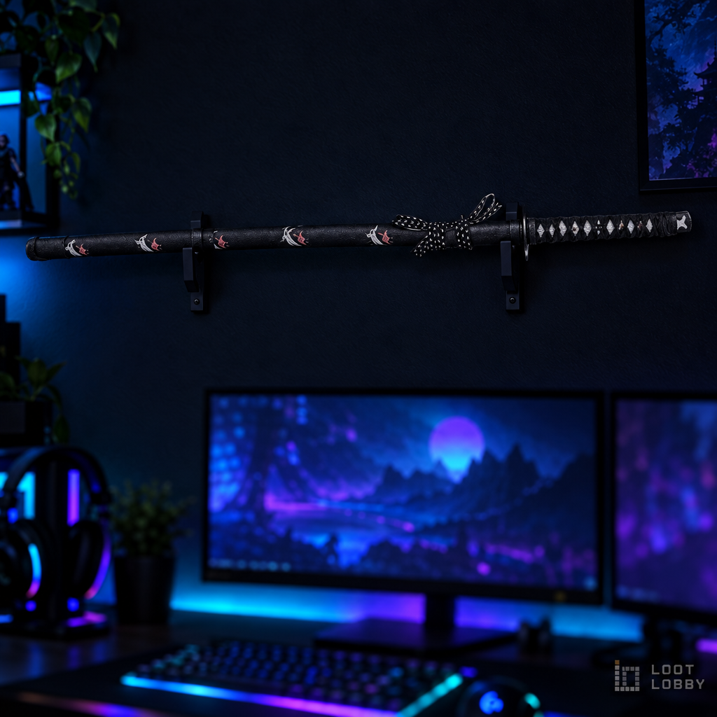 Katana with bird-motif guard and black saya in a dark gaming setup – Loot Lobby