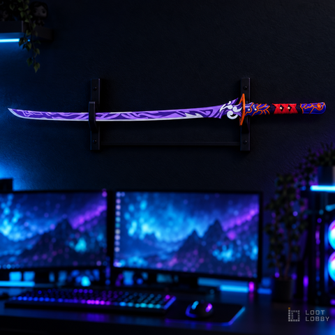 Purple ceremonial-style katana in a dark gaming setup – Loot Lobby