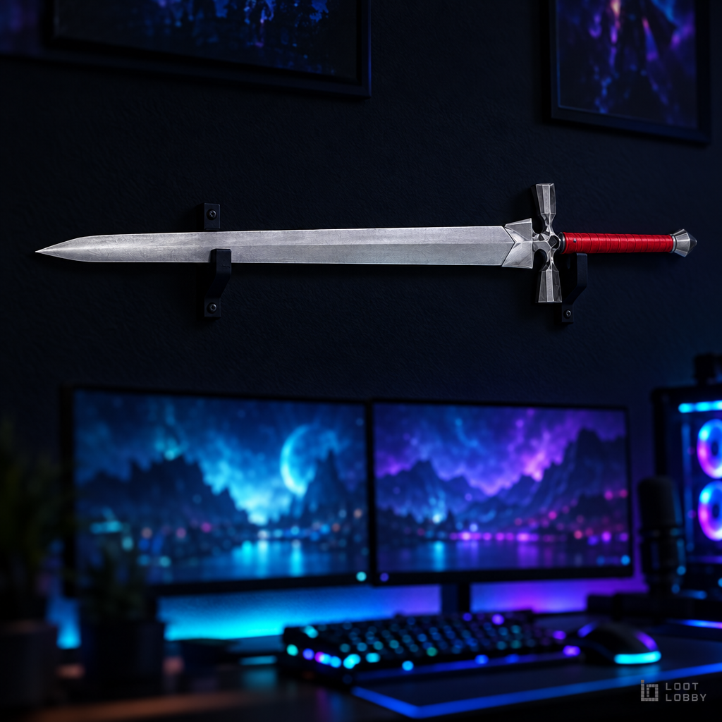 Sword with silver and red handle in a dark gaming setup – Loot Lobby