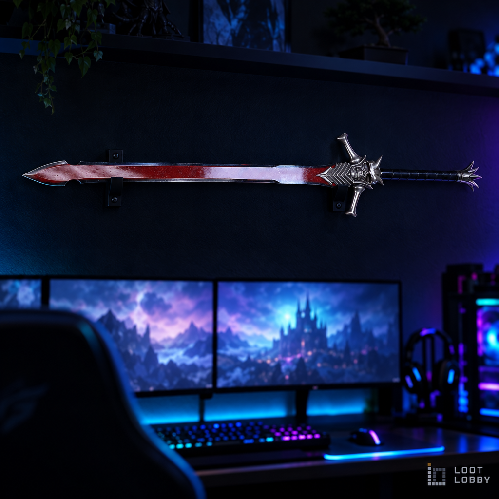 Massive greatsword with skull hilt in a dark gaming setup – Loot Lobby