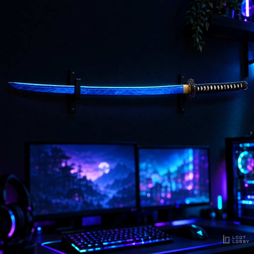 Damascus-pattern katana with crane guard and colored saya in a dark gaming setup – Loot Lobby