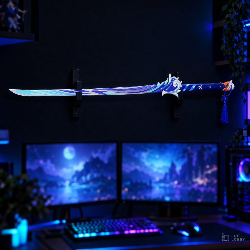 Moon-and-wave themed katana in a dark gaming setup – Loot Lobby