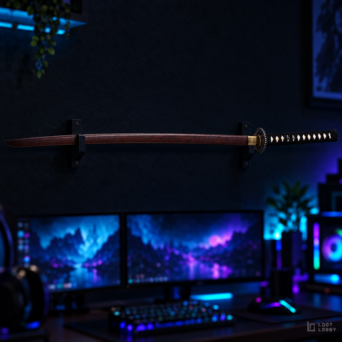 Damascus-pattern katana with classic crane guard in a dark gaming setup – Loot Lobby