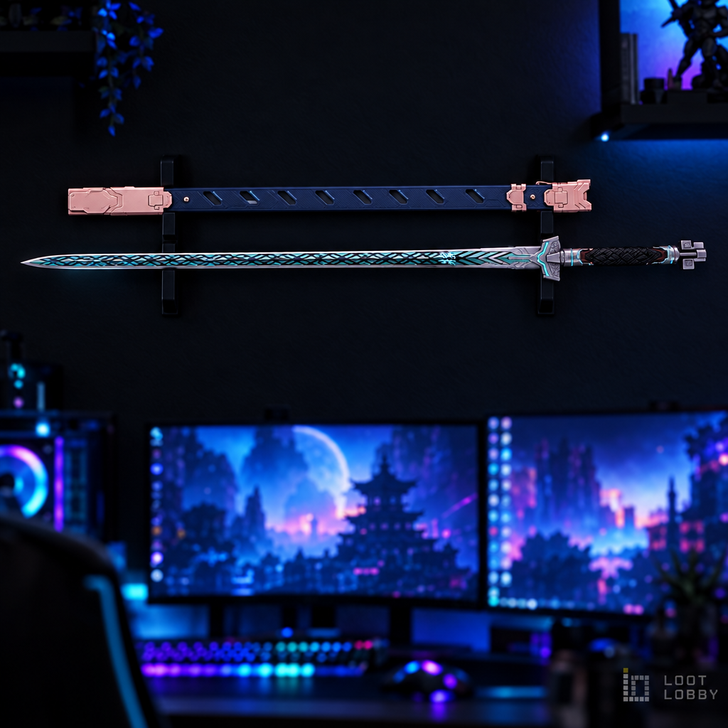 Futuristic dragon-styled katana in a dark gaming setup – Loot Lobby