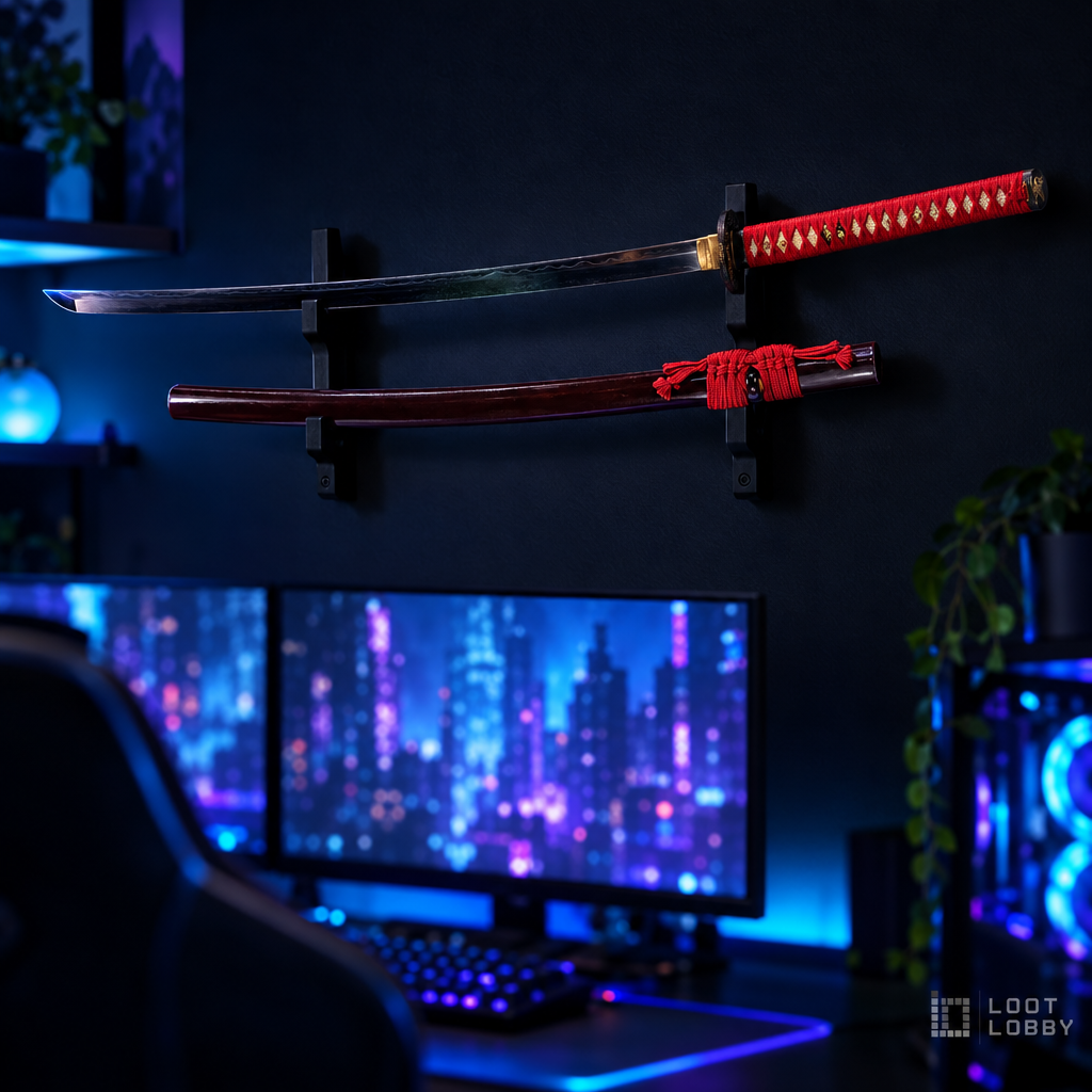 Clay-tempered katana with crane guard in a dark gaming setup – Loot Lobby