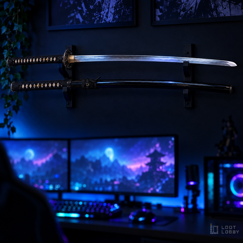 Clay-tempered katana with real hamon in a dark gaming setup – Loot Lobby