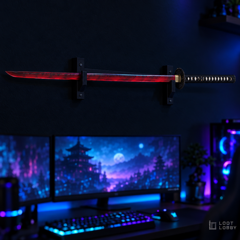 Blood-red katana with spoked wheel guard in a dark gaming setup – Loot Lobby