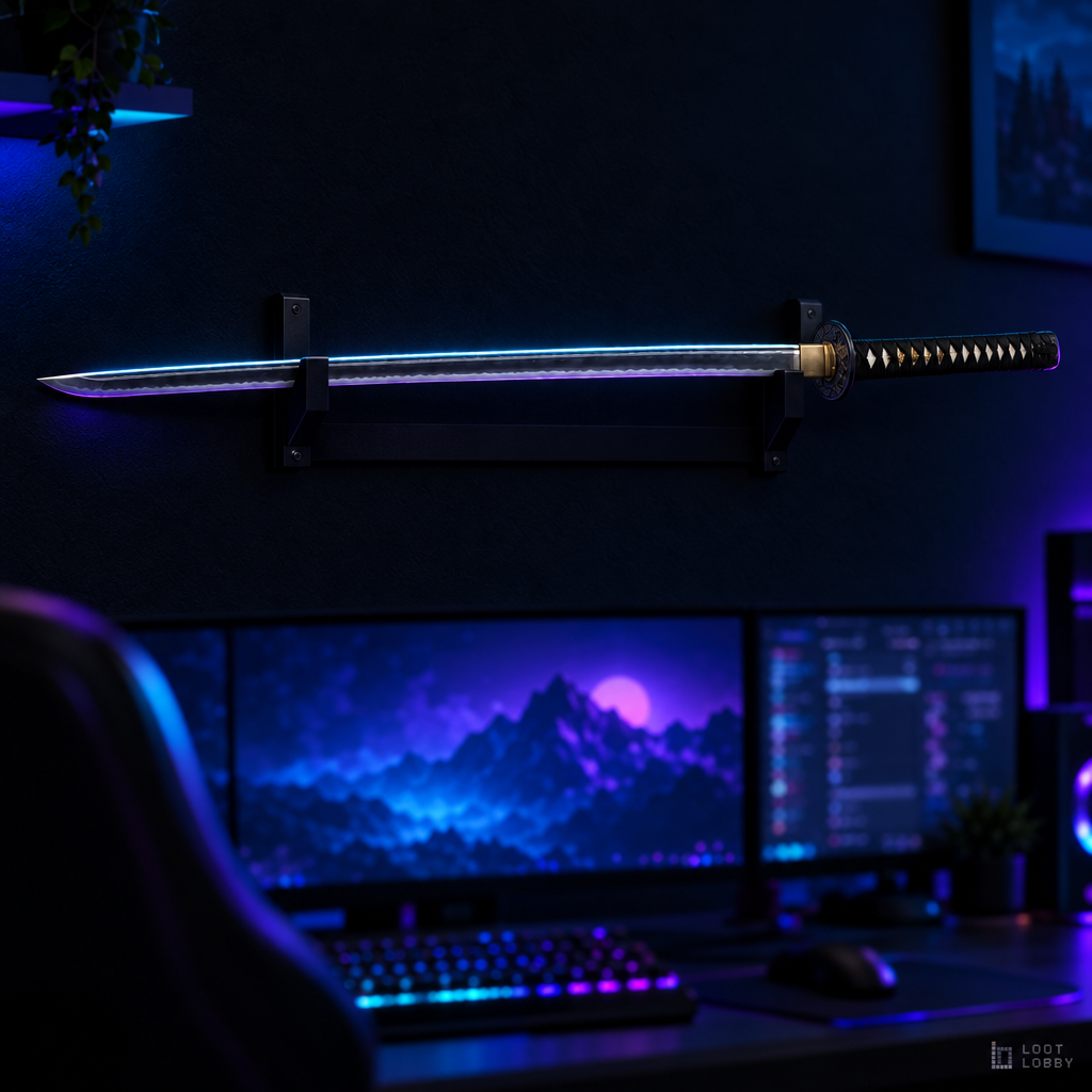 Katana with real hamon in a dark gaming setup – Loot Lobby