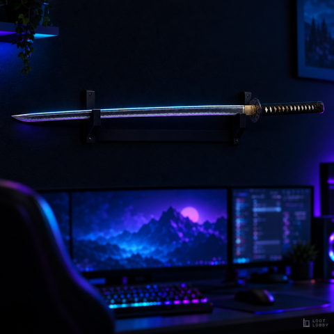 Katana with real hamon in a dark gaming setup – Loot Lobby