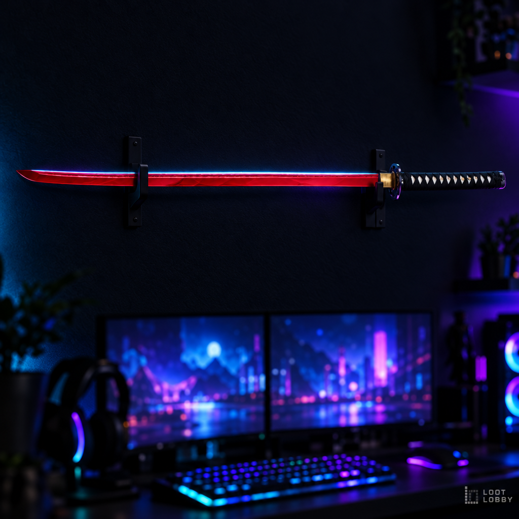 Colored-steel katana with Musashi guard in a dark gaming setup – Loot Lobby