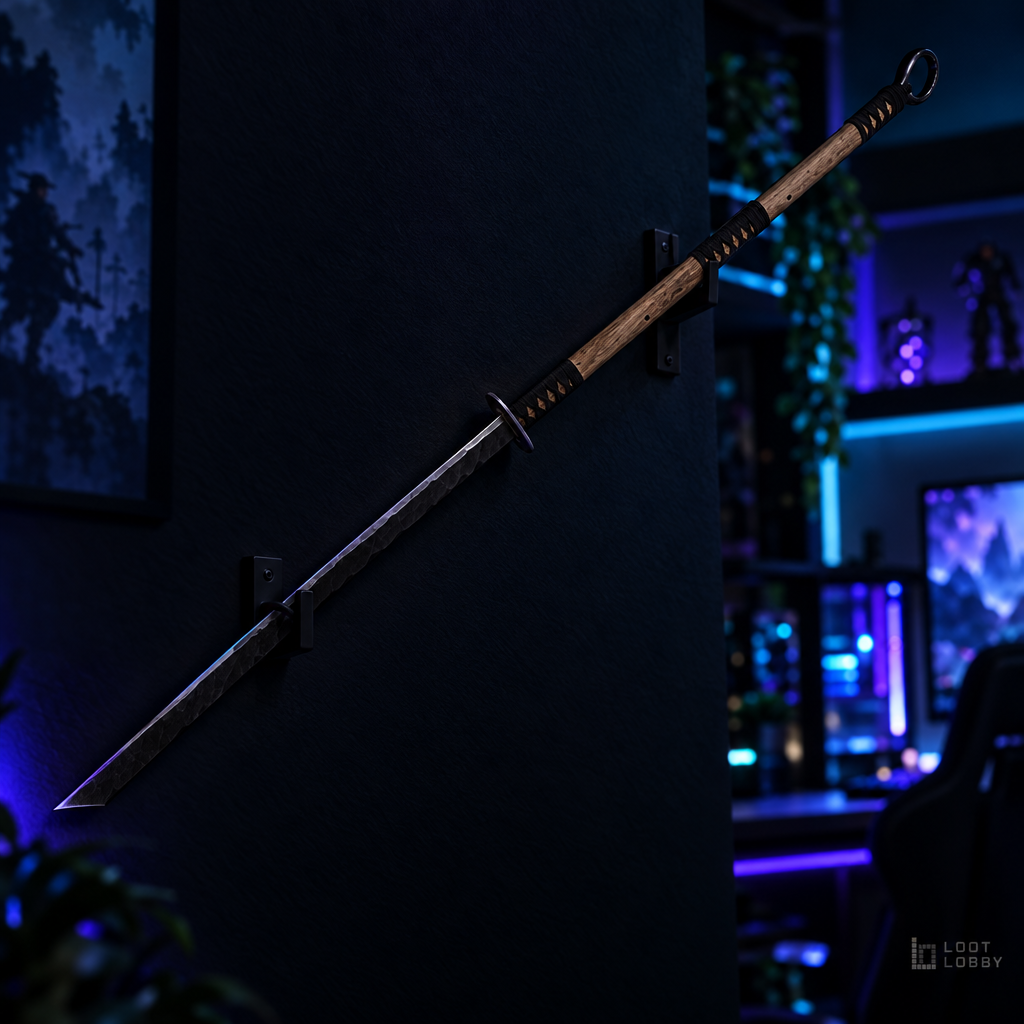Long naginata-style polearm in a dark gaming setup – Loot Lobby