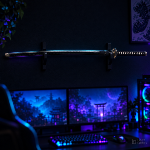 Spring steel katana with real hamon and Shishi Botan guard in a dark gaming setup – Loot Lobby