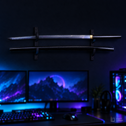 Shirasaya katana in a plain hardwood mount in a dark gaming setup – Loot Lobby
