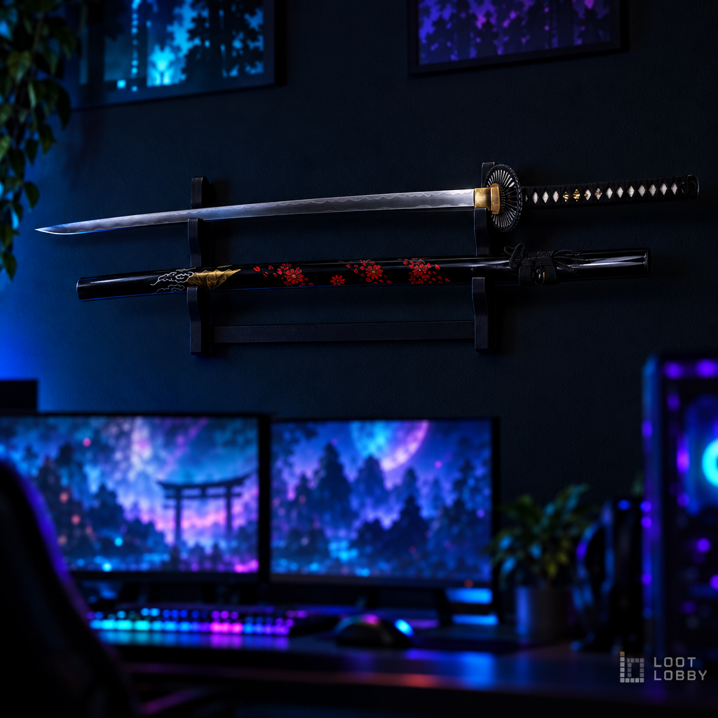Full-tang training katana with wheel guard in a dark gaming setup – Loot Lobby