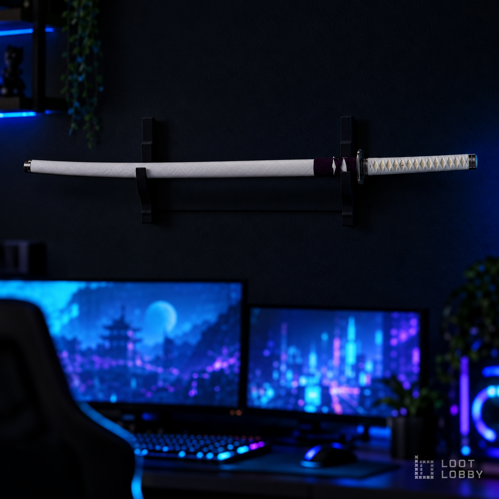 Katana with white saya in a dark gaming setup – Loot Lobby