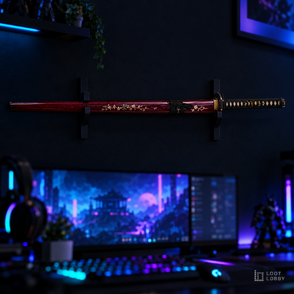 Folded Damascus katana with red saya in a dark gaming setup – Loot Lobby