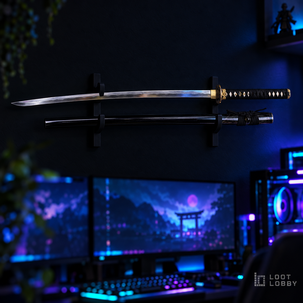 Katana with gold-plated paulownia crest fittings in a dark gaming setup – Loot Lobby