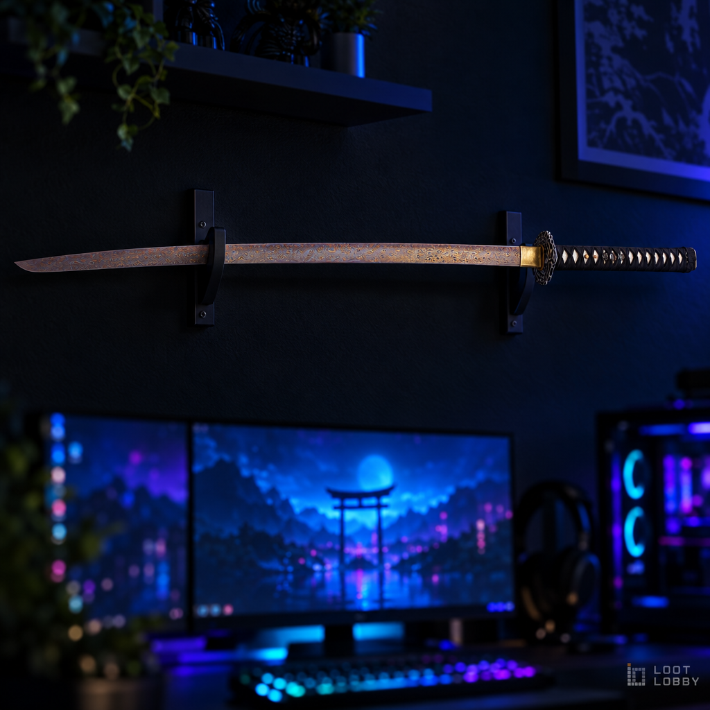 Damascus-pattern katana with crane guard in a dark gaming setup – Loot Lobby