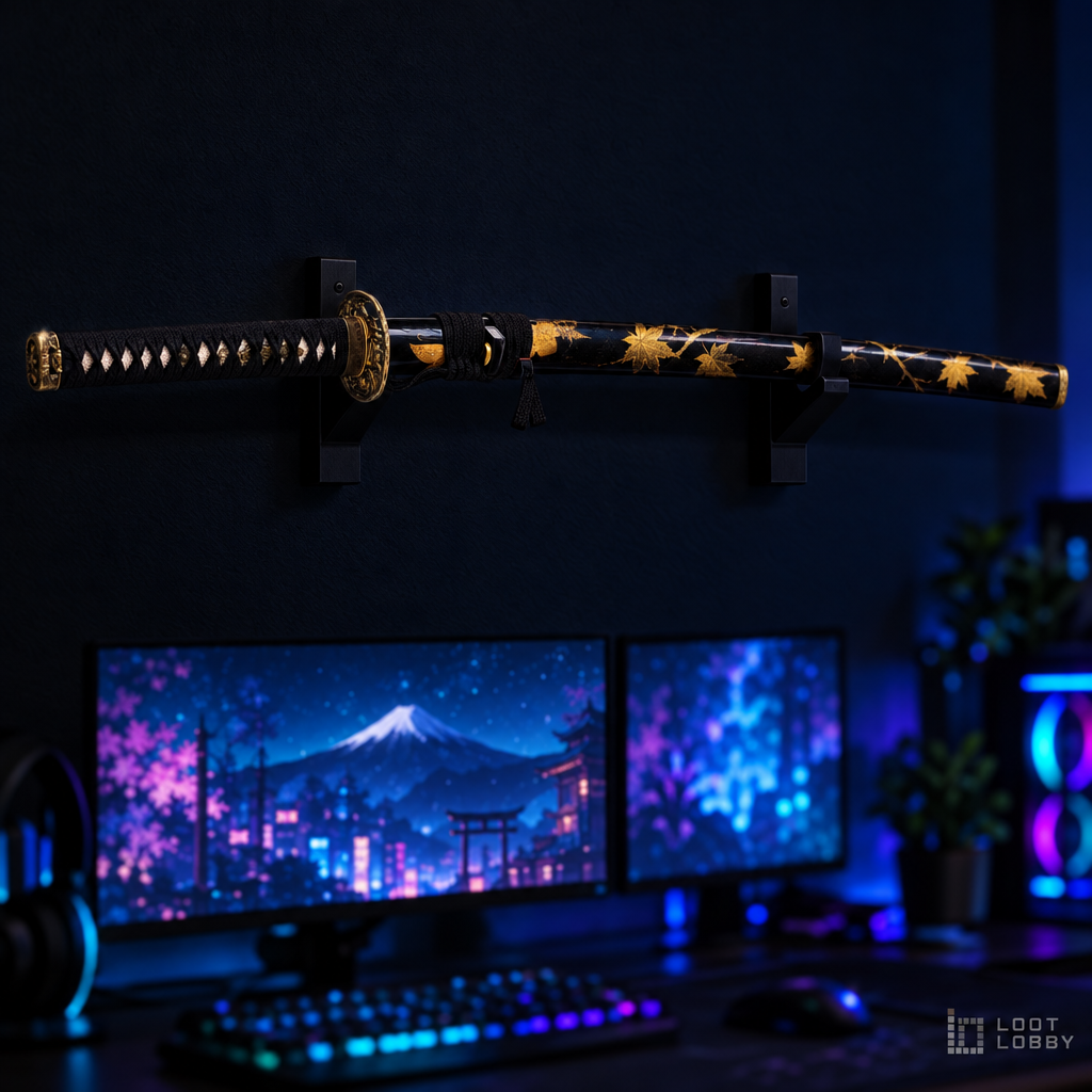 Katana with black saya painted with golden maple leaves in a dark gaming setup – Loot Lobby